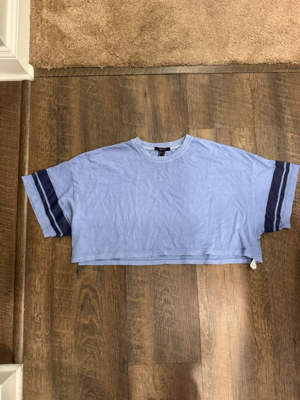 Forever 21 Light Blue with Navy Blue Strips Cropped Short Sleeve T-Shirt - Small